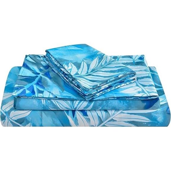 Blue Tropical Leaves Print Sheet Set Queen, 4 Piece Soft Pattern Microfiber - Picture 7 of 7